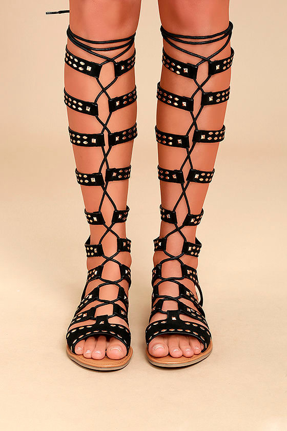 Donata Black Suede Studded Tall Gladiator Sandals 2