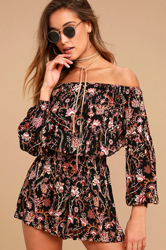 Free People Pretty and Free Romper - Black Floral Print Romper - Long ...