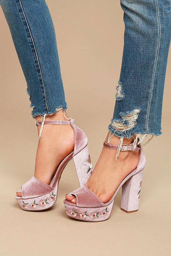 Abella Blush Velvet Embroidered Platform Heels