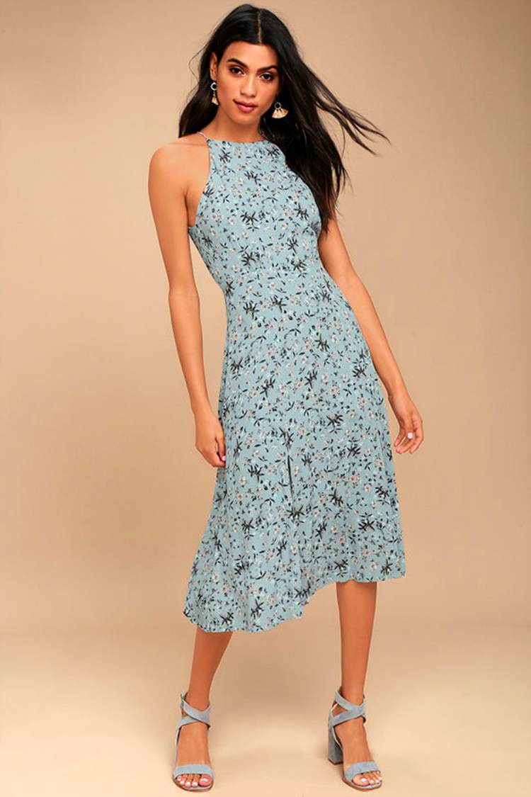 astr the label blue floral dress Erma Drop Waist Linen Dress-Chambray main image 0