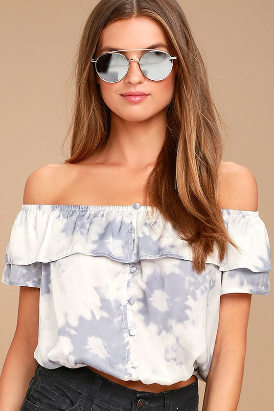 Cotton Candy Daydream Blue Grey Tie-Dye Off-the-Shoulder Top