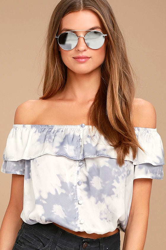 Cute Blue Grey Tie-Dye Top - Off-the-Shoulder Top - Satin Top - OTS Top ...