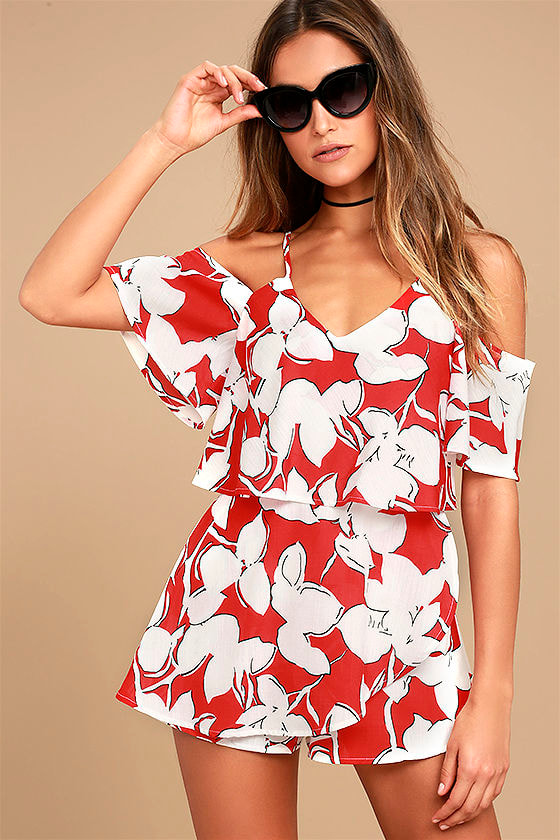 red and white floral romper