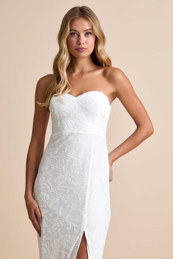 Exquisite White Velvet Burnout Strapless Maxi Dress 1