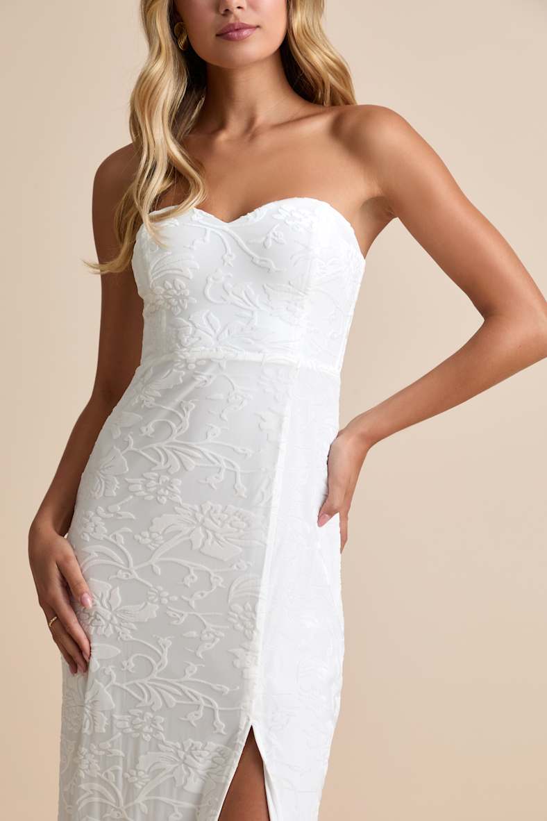 Exquisite White Velvet Burnout Strapless Maxi Dress