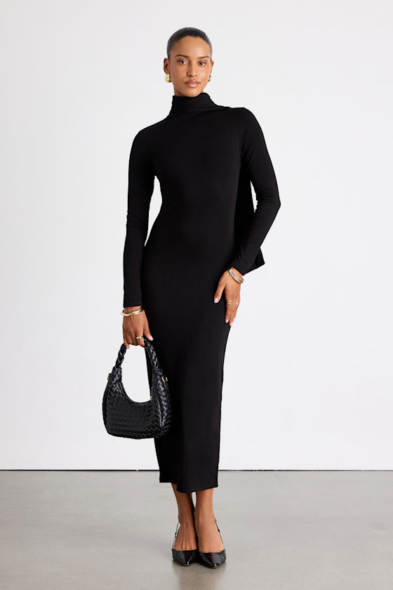 Wintery Fascination Black Long Sleeve Scarf Midi Dress 2
