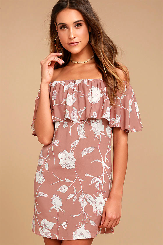 Roe + May Ravello Blush Pink Floral Print Off-the-Shoulder Dress
