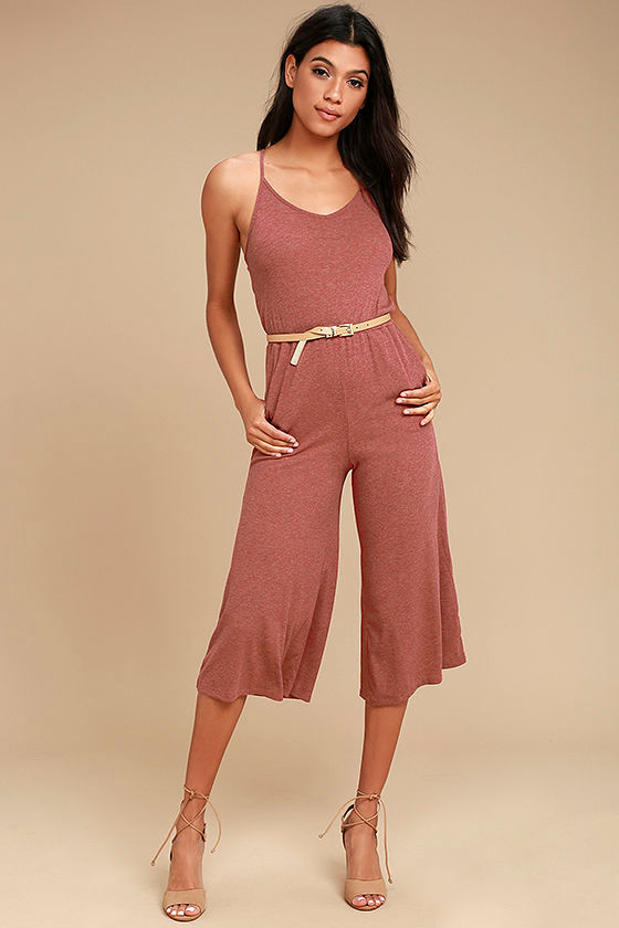 Olive & Oak Rust Red Jumpsuit Midi Jumpsuit Ribbed Knit Jumpsuit