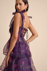 Fairytale Cutie Purple Floral Tie-Strap Tiered Midi Dress 1