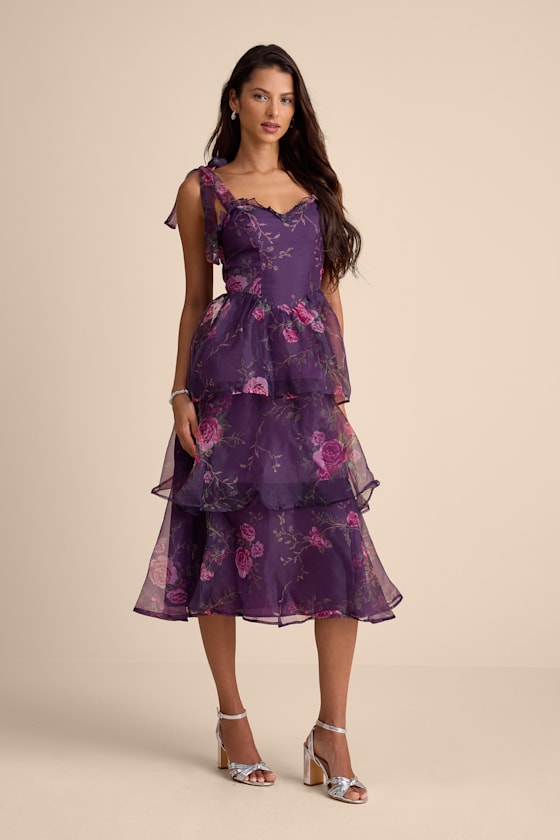 Fairytale Cutie Purple Floral Tie-Strap Tiered Midi Dress 2