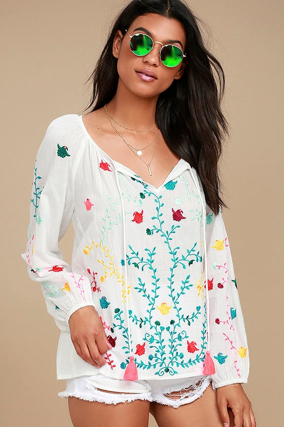 Boho Top White Embroidered Top Peasant Top Long Sleeve Top 64.