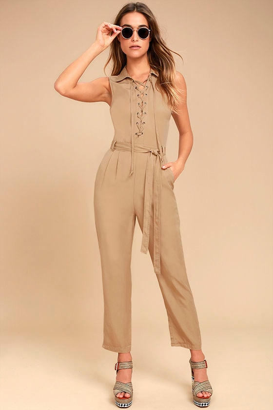 khaki sleeveless jumpsuit