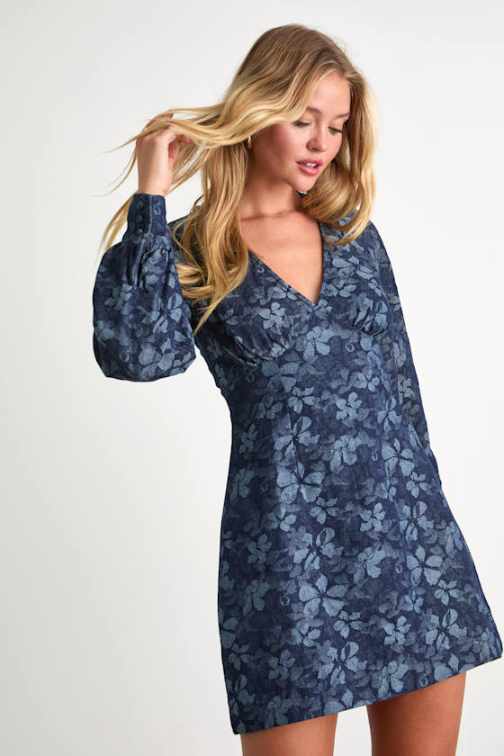 Darling Girl Dark Blue Floral Denim Long Sleeve Mini Dress 2