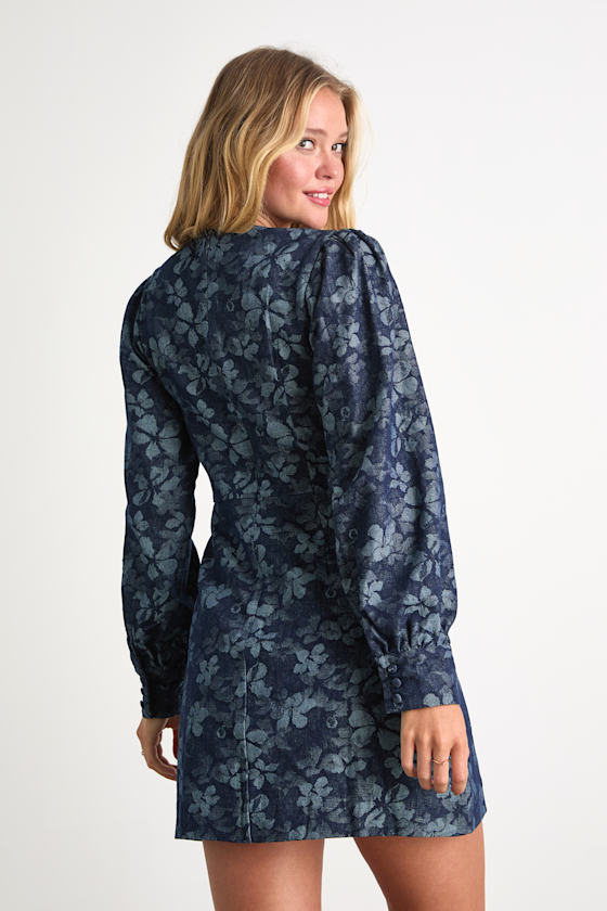 Darling Girl Dark Blue Floral Denim Long Sleeve Mini Dress 3