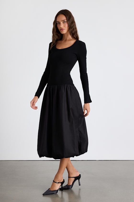 Image of Sophisticated Chic Black Mixed Media Midi Dress