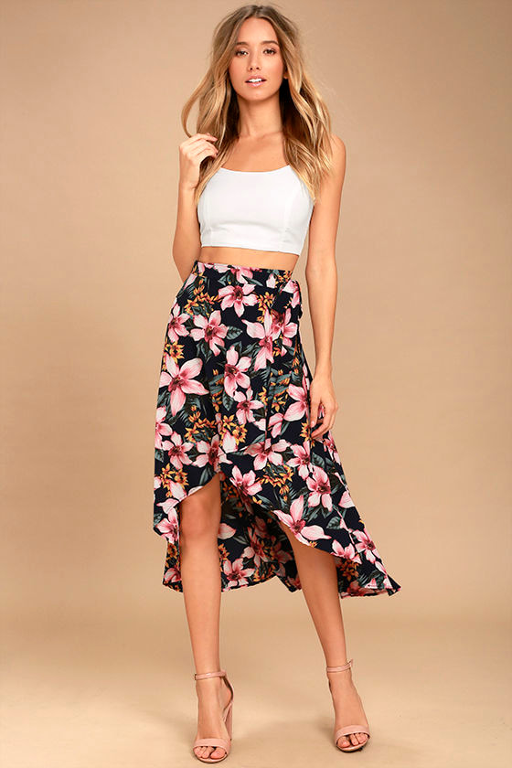 Dreamy Navy Blue Floral Print Skirt - High-Low Print Skirt - Tropical ...