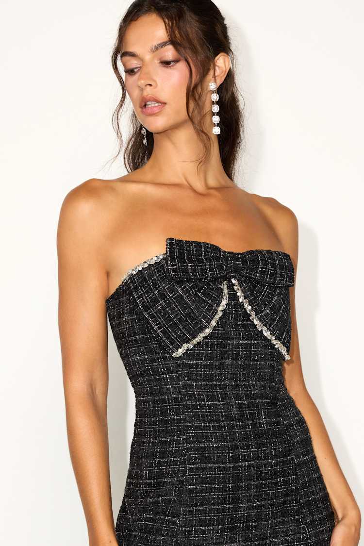 Precious and Perfect Black Tweed Rhinestone Bow Mini Dress