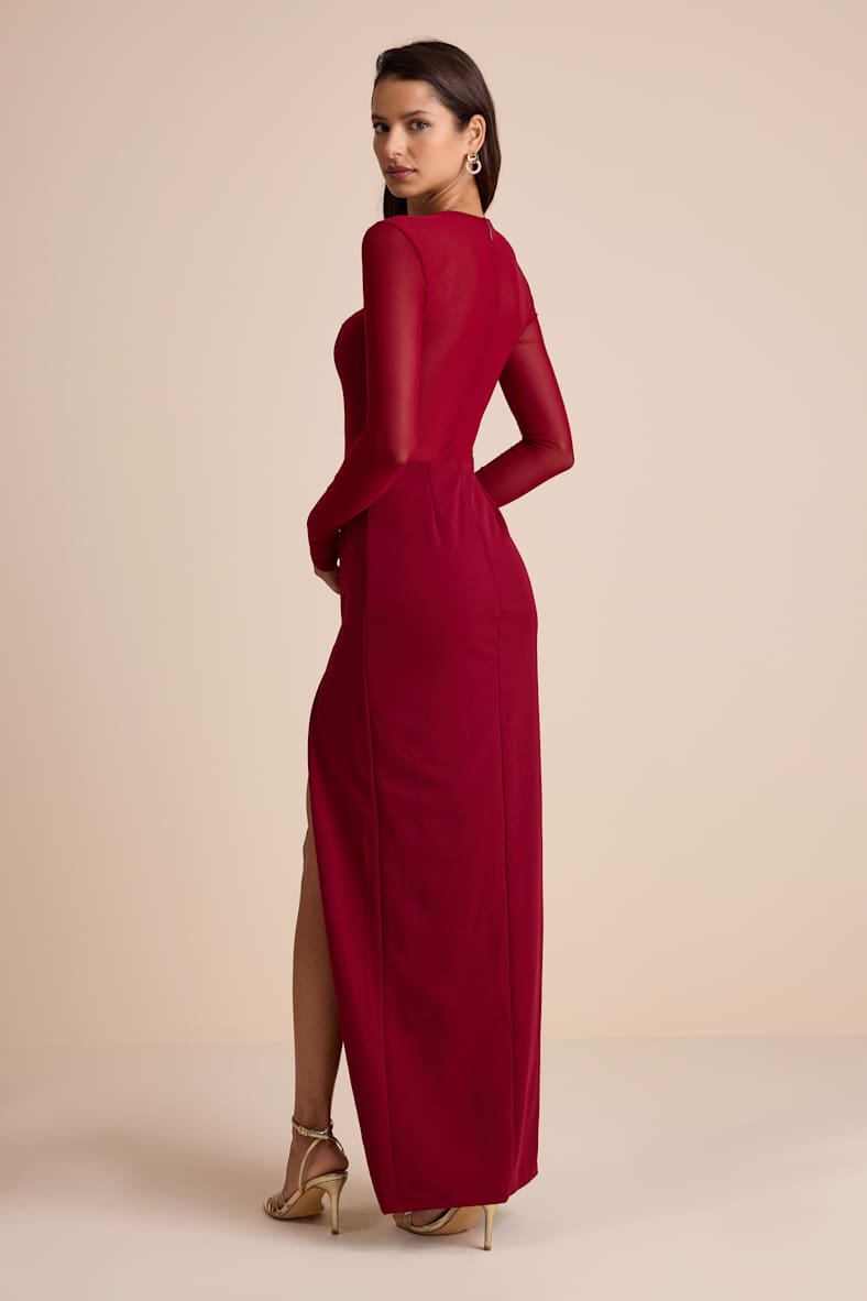 Impeccable Mystique Burgundy Long Sleeve Maxi Dress