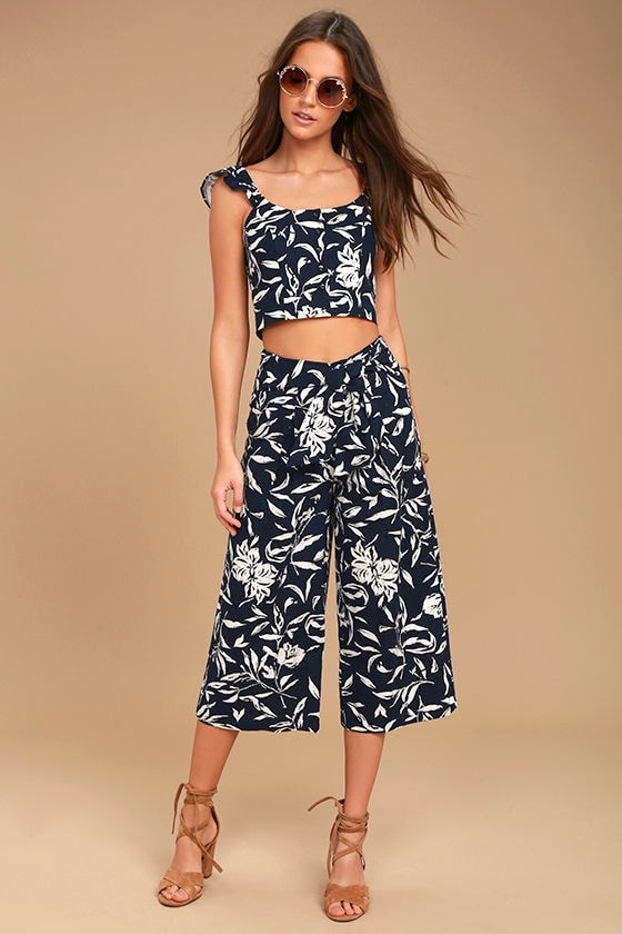 J.O.A. Maylee Navy Blue Floral Print Culottes 1