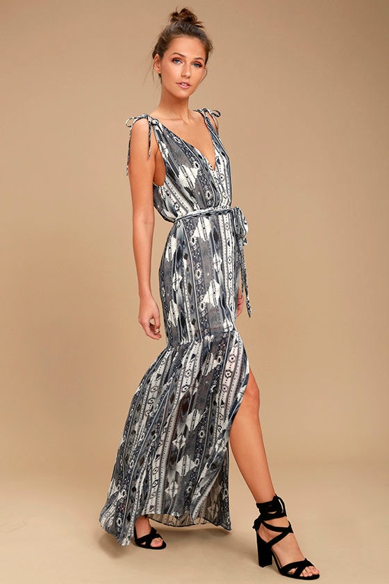 Boho Dress Grey Print Dress Maxi Dress 64.00 Lulus