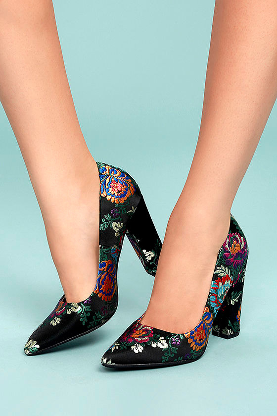 Black Embroidered Pumps - Floral Pumps 