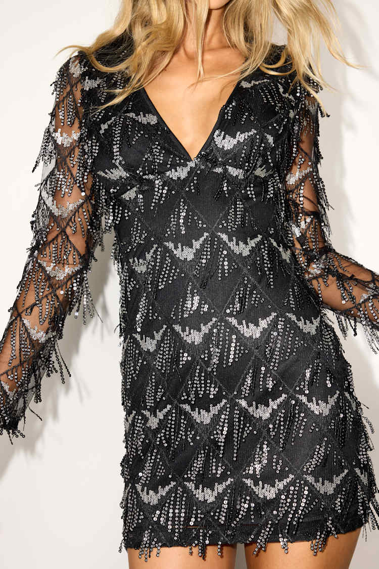 Playful Composure Black Fringe Sequin Mini Dress