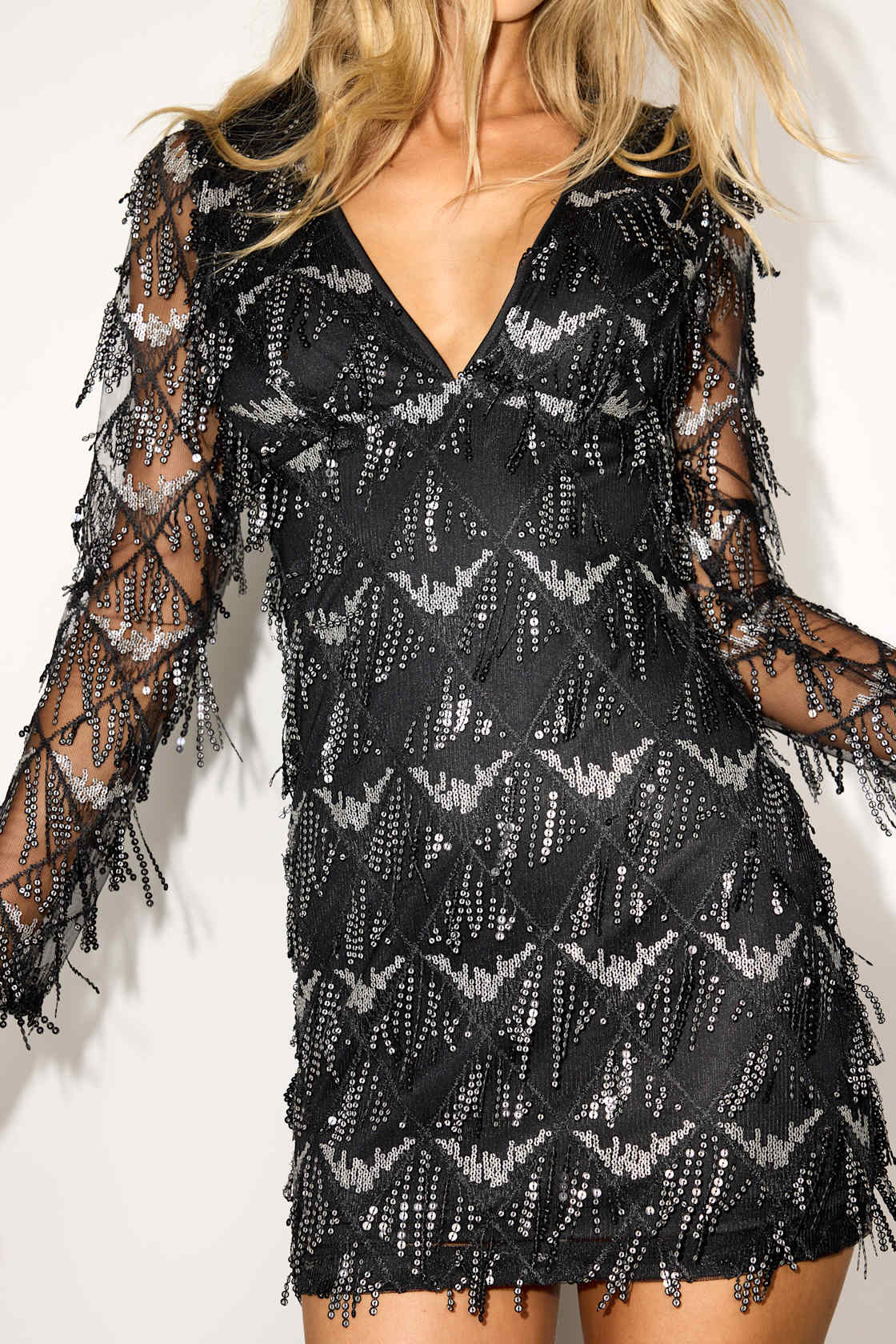 Playful Composure Black Fringe Sequin Mini Dress