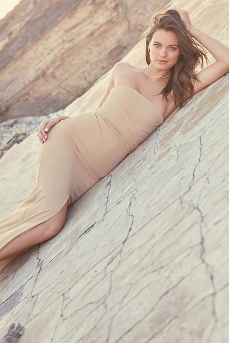 beige strapless dress for spring Beige Floral Embellished Strapless A-Line Midi Dress main image 1