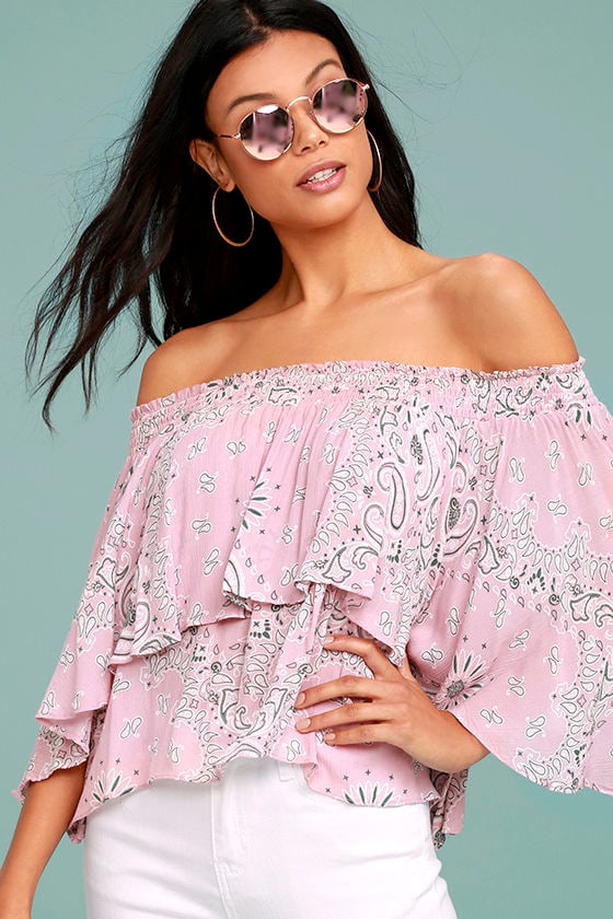 Whistle a Tune Mauve Pink Print Off-the-Shoulder Crop Top