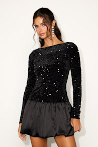 Event Aura Black Sequin Long Sleeve Mini Dress 1