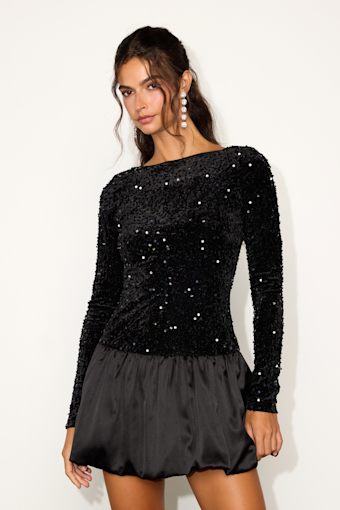 Event Aura Black Sequin Long Sleeve Mini Dress 1