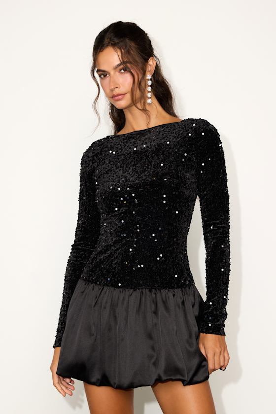 Event Aura Black Sequin Long Sleeve Mini Dress 1