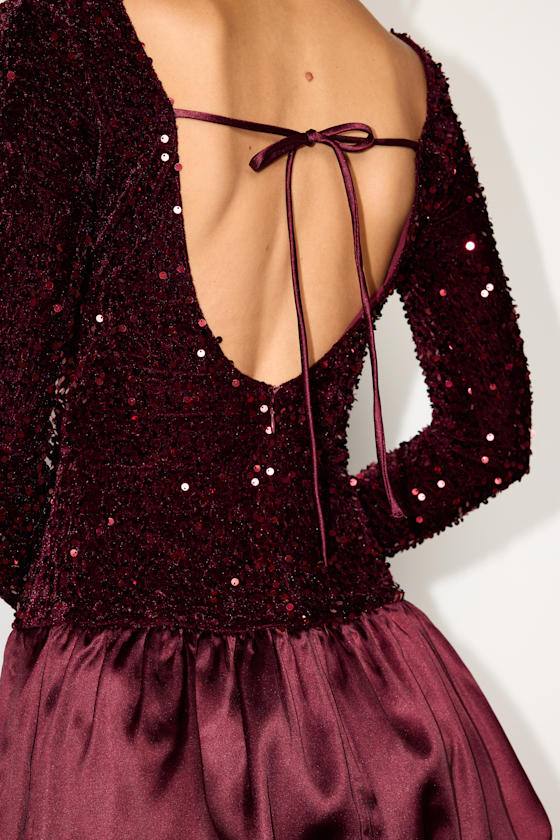Event Aura Burgundy Sequin Long Sleeve Mini Dress 2