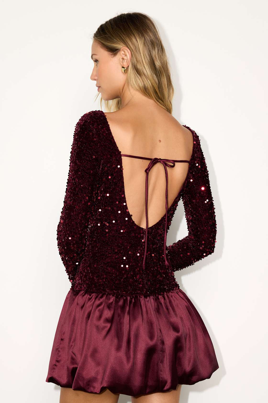Event Aura Burgundy Sequin Long Sleeve Mini Dress