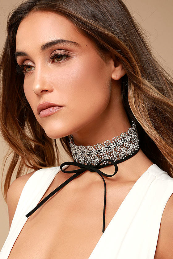 Stunning Black And Silver Choker Rhinestone Wrap Necklace Silver