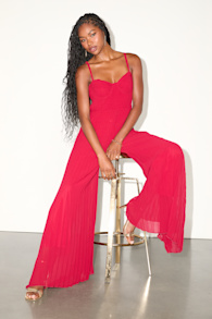 Exemplary Poise Red Pleated Wide-Leg Jumpsuit 1