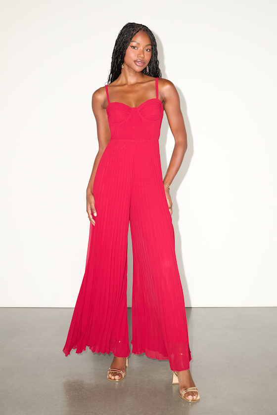 Exemplary Poise Red Pleated Wide-Leg Jumpsuit 2