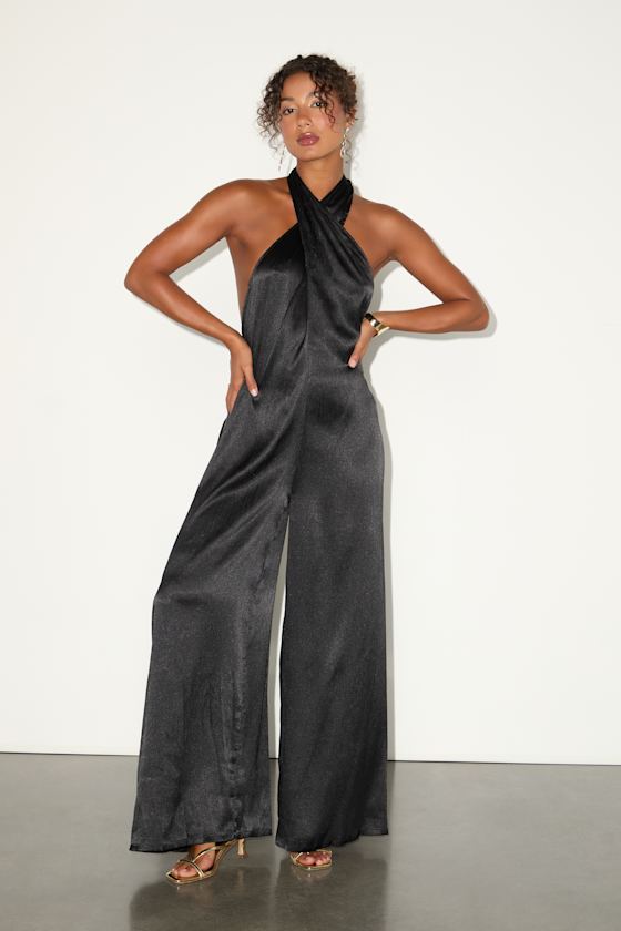 Charismatic Muse Black Satin Wide-Leg Halter Jumpsuit 2
