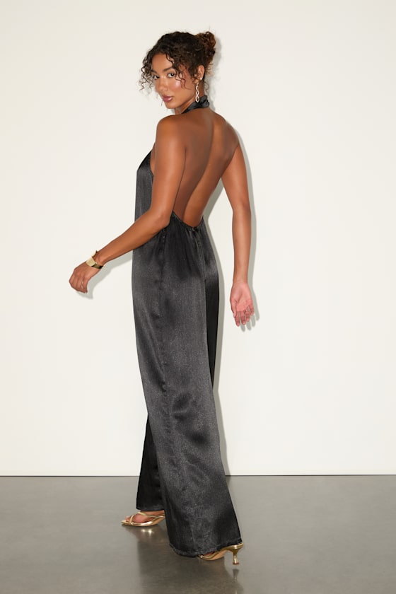 Black Satin Jumpsuit - Halter Jumpsuit - Wide-Leg Jumpsuit - Lulus