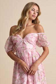 Sincerely Wondrous Pink Floral Puff Sleeve Tiered Midi Dress 1