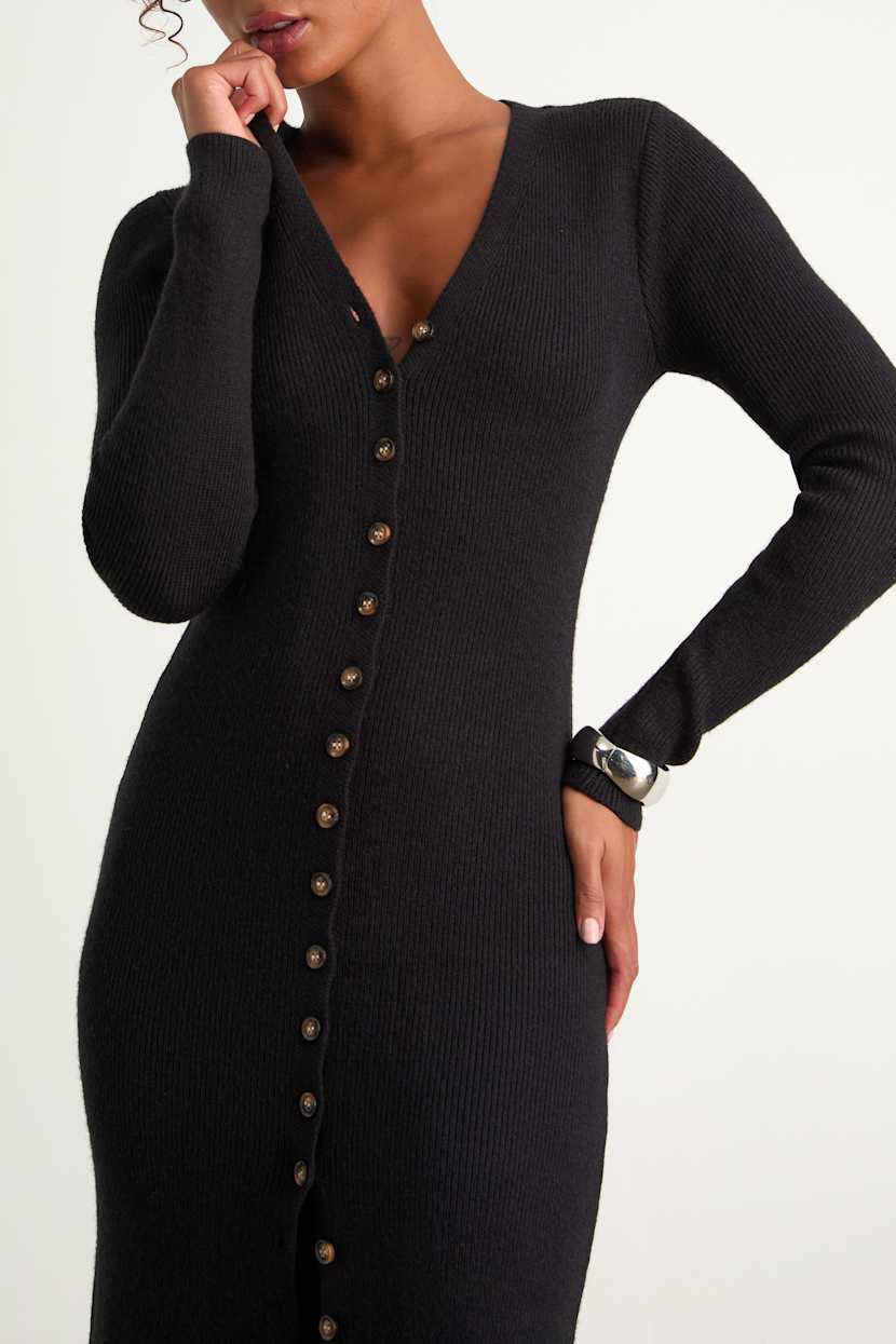 knee length dresses for ladies Black Ribbed Knit Fitted Maternity Midi Sweater Dress