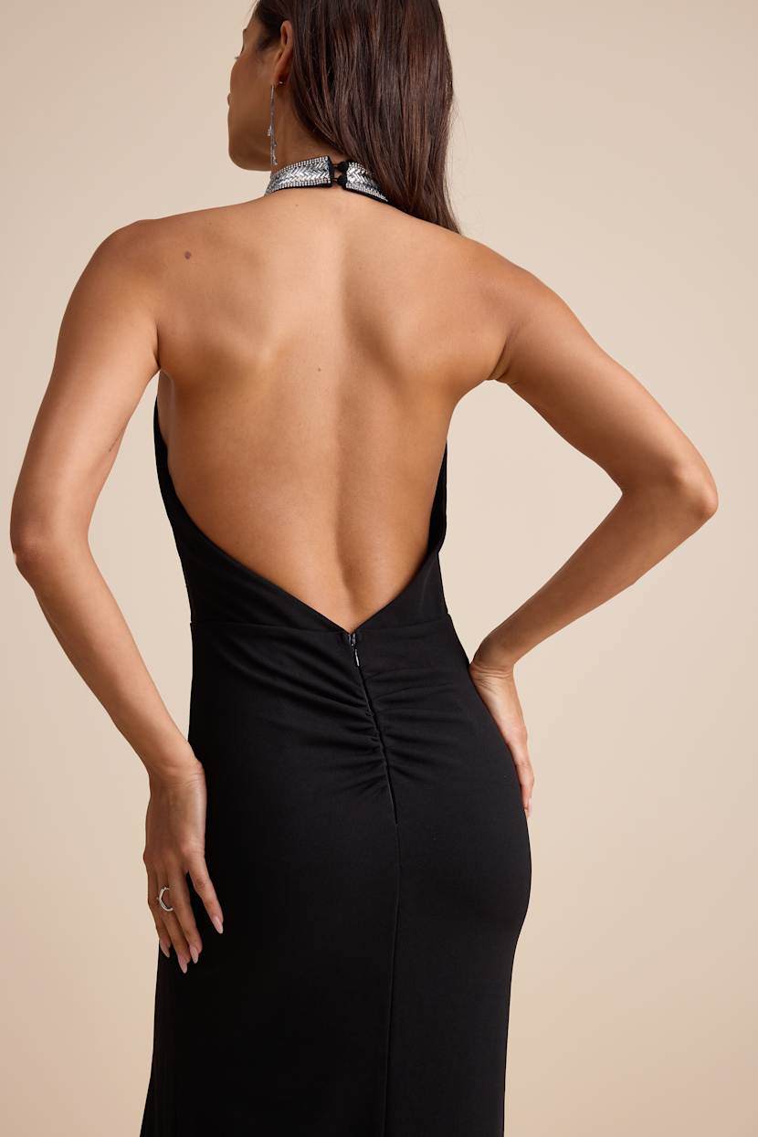 Immaculate Class Black Rhinestone Halter Maxi Dress