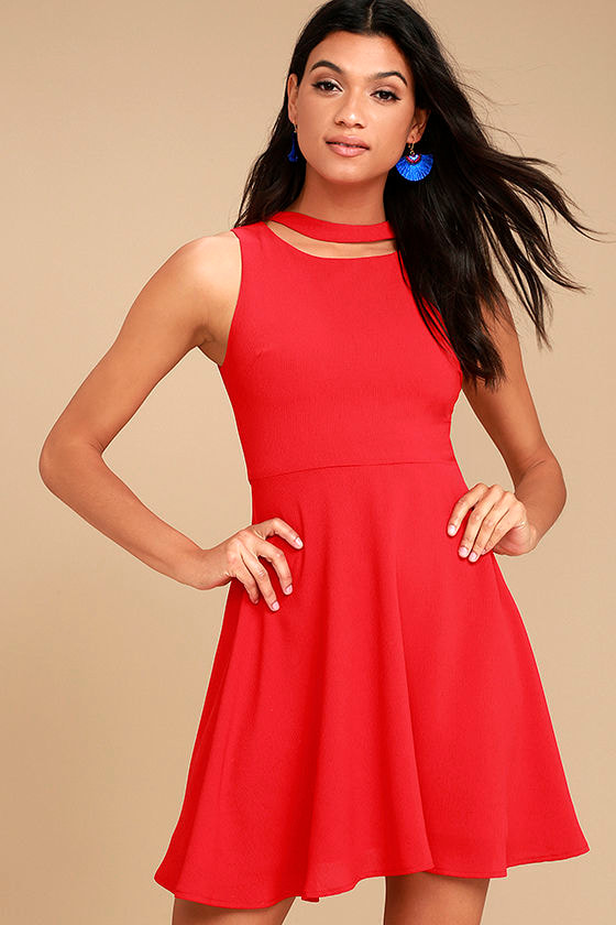 Lovely Red Skater Dress - Red Cutout Dress - Sleeveless Red Skater ...