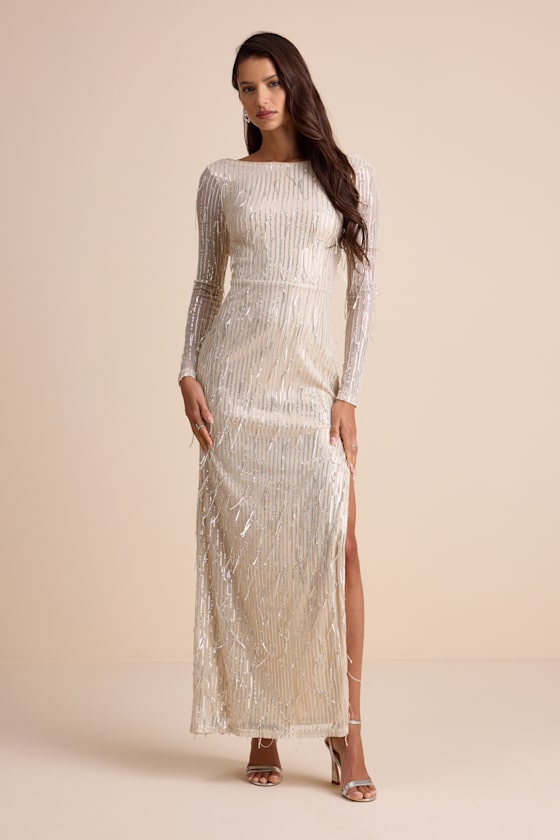 Glittery Devotion Champagne Sequin Fringe Maxi Dress 2