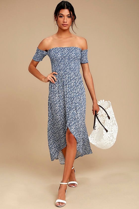 Lucy Love Tranquility Blue Floral Print Off-the-Shoulder Dress 1