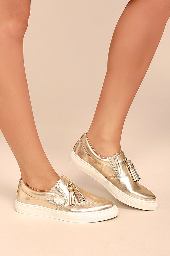 Trendy Slip-On Sneakers - Gold Sneakers - Vegan Leather Sneakers - $32. ...
