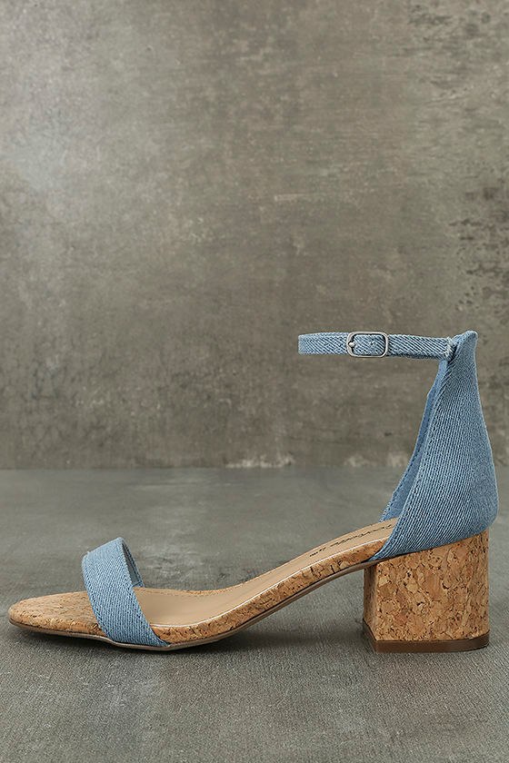 Denim T Strap Chunky Cork Heel