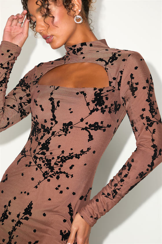 Posh Expertise Brown Mesh Burnout Velvet Floral Mini Dress 2