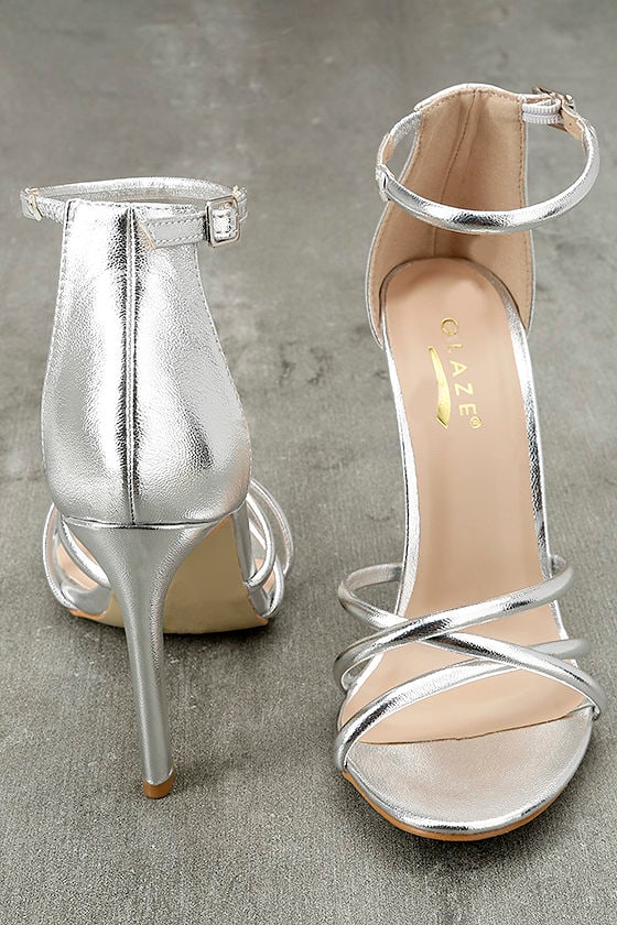 silver ankle tie heels