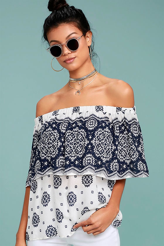 Tripoli Blue and White Print Off-the-Shoulder Top 1